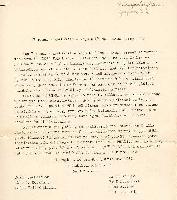 Forsman - Koskimies - Yrj�-Koskinen suvun j�senille